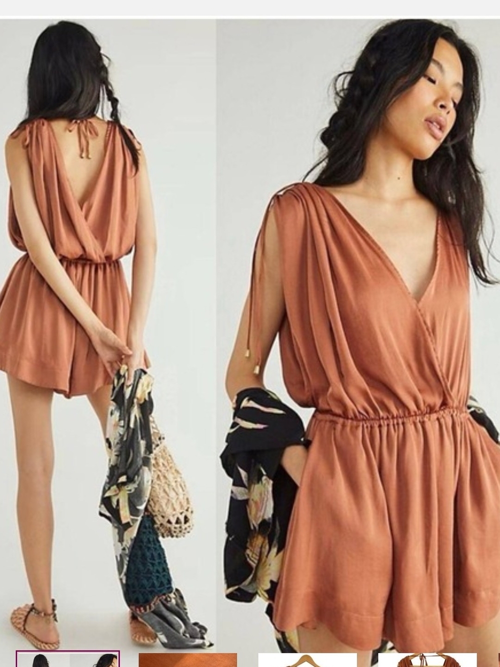 Free People Rust Brown Deep V Sleeveless Romper - Picture 3 of 4